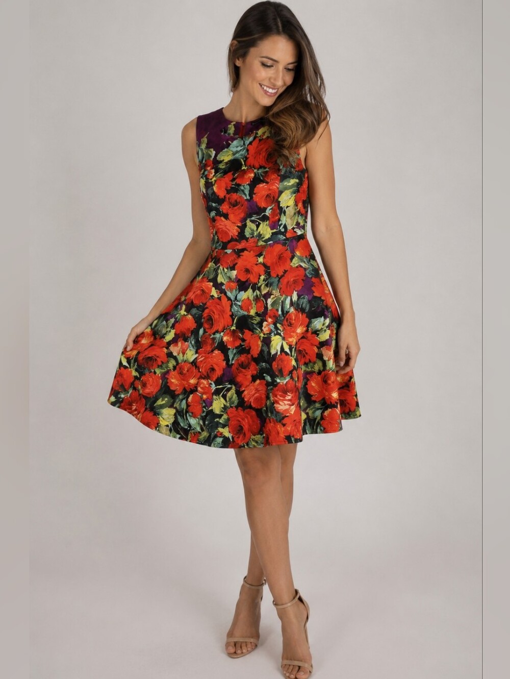 Karen Millen Floral A Line Dress Fit Flare US 8 Sleeveless Red Black Purple Rose